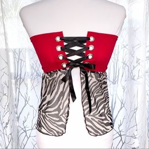 Folter Red black white zebra print sheer mesh lace up open front tube top shirt